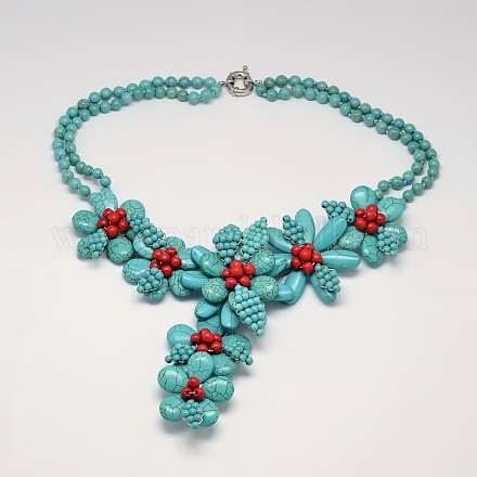 Flower Synthetic Turquoise Bib Statement Necklaces NJEW-P102-60-1