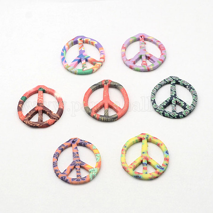 Handmade Polymer Clay Peace Sign with Flower Pendants CLAY-Q216-M01-1