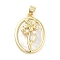 Rack Plating Brass Pave Shell Pendants, Oval with Flower Charms, Long-Lasting Plated, Lead Free & Cadmium Free, Real 18K Gold Plated, 25x17.5x3mm, Hole: 5x3.5mm