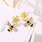 Alloy Enamel Dangle Stud Earrings, with Crystal Rhinestone, Bees with Flower, Golden, 35mm