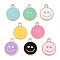 Alloy Enamel Pendants, Cadmium Free & Lead Free, Golden, Flat Round with Smiling Face Charm, Mixed Color, 19x15x1.7mm, Hole: 2.5mm