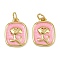 Brass Pendants, with Enamel and Jump Ring, Rectangle with Flower Charm, Rack Plating, Long-Lasting Plated, Cadmium Free & Lead Free, Real 18K Gold Plated, Pearl Pink, 16x12x2.5mm, Hole: 3.5mm
