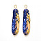 Rack Plating Alloy Pendants, Printed, Lead Free & Cadmium Free & Nickel Free, Feather Charm, Light Gold, Blue, 38x9x1.5mm, Hole: 1.8mm