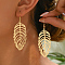 Elegant Iron Dangle Earrings, Golden, Feather, 67x24mm