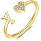 Adjustable Brass Rhinestone Cuff Rings, Letter & Heart, Golden, Letter Y, Inner Diameter: 15~20mm