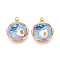 304 Stainless Steel and Enamel Resin Porcelain Glitter Powder Pendants, Flat Round with Flower, with Jump Ring, Ion Plating(IP), Real 18K Gold Plated, Light Sky Blue, 22.5x19.5x6mm, Hole: 2.8mm