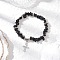 Natural Obsidian Chip Beaded Stretch Bracelets, Alloy Cross Charm Bracelets for Men Women, Inner Diameter: 2-1/8 inch(5.3cm)
