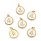 Brass Micro Pave Clear Cubic Zirconia Charms, Long-Lasting Plated, Cadmium Free & Nickel Free & Lead Free, with Jump Rings and White Enamel, Flat Round with Number, Real 18K Gold Plated, Num.4, 14.5x12x2mm, Hole: 1.5mm