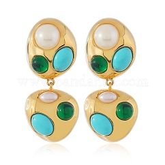 Clous d'oreilles avec pendentif en alliage , turquoise synthétique, or, pépites, 38x17mm
