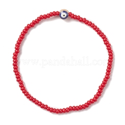 Эластичный браслет из стекла и сплава эмали с бусинами сглаза BJEW-JB09427