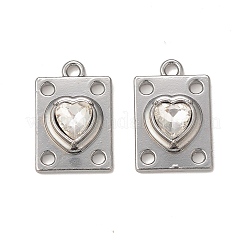 ラックメッキ合金ガラスペンダント  プラチナ  ハートのチャームが付いた長方形  透明  19.5x12.5x5mm  穴：1.8mm&nbsp;PALLOY-P291-06B-04