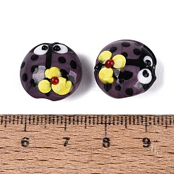 手作りランプワークビーズ  てんとう虫と花  インディゴ  15.5~16.5x9~11mm  穴：1.4~1.8mm&nbsp;LA-N050-05J