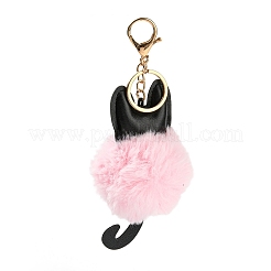 かわいい猫 PU レザー & イミテーション レックス ラビット ファー ボール キーチェーン  合金クラスプ付  バッグの車のキーの装飾用  ピンク  18cm&nbsp;KEYC-C005-01A