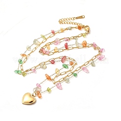 Двухслойные ожерелья с подвеской в виде сердца из нержавеющей стали 304 и натурального драгоценного камня для женщин NJEW-U031-09G