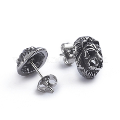 レトロ 304 ステンレス スタッド イヤリング  耳ナッツ  ライオン  アンティークシルバー  12x10.5mm  ピン：0.7mm&nbsp;EJEW-L248-023AS