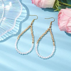 ガラスとプラスチックのビーズのダングルイヤリング  女性用ティアドロップ型鉄製イヤリング  ホワイト  95x3mm&nbsp;EJEW-JE05857-02