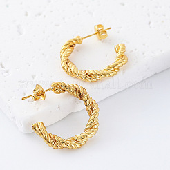 女性用ツイスト 304 ステンレススチール スタッド イヤリング  ハーフフープピアス  ゴールドカラー  25x20mm&nbsp;OO0866