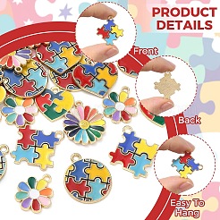 30個6スタイルアロイエナメルペンダント  パズルチャーム  ゴールドカラー  ミックスカラー  17~25x1~22.5x1~2mm  穴：1.5~2mm  5個/スタイル&nbsp;ENAM-YW0009-22