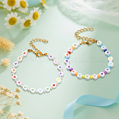 8шт 2 цвета плоские круглые с сердцем акриловые бусины браслеты для женщин&nbsp;BJEW-HY0001-16