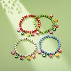Braccialetto elasticizzato in argilla polimerica e perline di plastica con ciondoli di frutta per le donne&nbsp;BJEW-JB08706