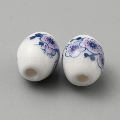 手作りの陶器ビーズ  青と​​白  花柄とバレル  アザミ  10.5x8mm  穴：2.5mm  10個/袋&nbsp;PORC-WH0009-11B