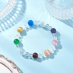 4 комплект из 4-цветных круглых браслетов с бусинами кошачий глаз&nbsp;BJEW-JB12246