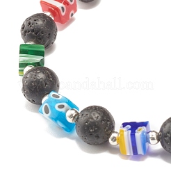 Bracciale elasticizzato in pietra lavica naturale e perle di vetro millefiori&nbsp;BJEW-JB07489