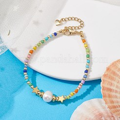 Браслет из натурального жемчуга и нержавеющей стали 201 со звездой и бисером BJEW-JB10118-01