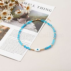 ビーズのネックレス  ナザールボンジュウランプワークビーズ＆ガラスビーズ付き  真鍮製チェーン＆ビーズ  304ステンレス鋼の金具  シアン  15.35インチ（39cm）&nbsp;NJEW-JN03537-01