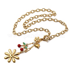 Женские ожерелья с подвеской в виде сердца из нержавеющей стали 304 с красной эмалью в виде цветка вишни NJEW-G181-11G