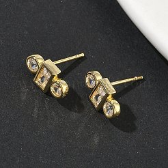 Серьги-гвоздики с квадратом и круглыми плоскими латунными кристаллами с микропаве из прозрачного кубического циркония&nbsp;X-EJEW-G452-12G