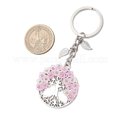 生命の木の合金キーホルダーが付いたフラットラウンド  アクリルとガラスビーズの花  ピンク  93mm&nbsp;KEYC-MZ00039-03