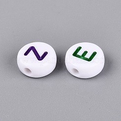 不透明なアクリルエナメルビーズ  文字模様のフラットラウンド  ミックスカラー  10x4mm  穴：2mm  約1600個/500g&nbsp;SACR-Q001-15B