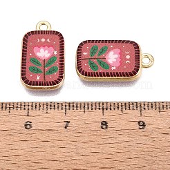 プリント合金ペンダント  ラックめっき  長方形と花のチャーム  カドミウムフリー＆ニッケルフリー＆鉛フリー  ゴールドカラー  インディアンレッド  21x12x3.5mm  穴：1.8mm&nbsp;PALLOY-SZC0008-13B