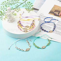 ナザールボンジュウ樹脂編組ビーズブレスレットとフラットラウンド  ハムサハンド/ミリアムアロイラインストーンリンクブレスレットの女性用ハンド  ライトゴールド  ミックスカラー  内径：1-3/8 ~3-3/4インチ（3.6~9.6cm）&nbsp;BJEW-JB07350