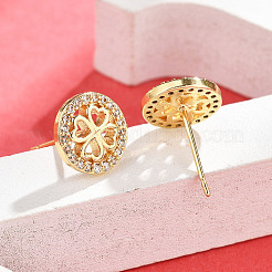 Плоские круглые серьги-гвоздики с клевером из латуни с микропаве из прозрачных кубических цирконий EJEW-H162-01G