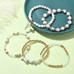 5 個 5 スタイルの天然ハウライト & 合成ヘマタイト & ガラスビーズストレッチブレスレットセット  合金エナメルクロスチャームスタッカブルブレスレット  ライトゴールド  内径：2インチ（5.2cm）  1個/スタイル&nbsp;BJEW-JB09425