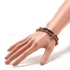 2 pièces 2 bracelets extensibles en obsidienne naturelle et hématite synthétique et bois avec breloque planète&nbsp;BJEW-JB07616