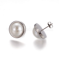 304ステンレススチールスタッドピアス  アクリルパールビーズとイヤーナット/ピアスバックキャッチ付き  半円  ゲインボロ  ステンレス鋼色  15x8mm  ピン：0.6mm  6のペア/カード&nbsp;EJEW-F234-23P
