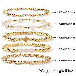 5個 5スタイル 真鍮&淡水パール ラウンドビーズ ストレッチブレスレットセット  女性用スタッカブルブレスレット  内径：6-7/8インチ（17.5cm）&nbsp;XL2299-2