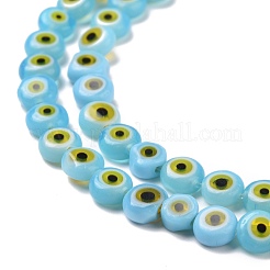 手作りランプワークビーズ  ナザールボンジュウ付きフラットラウンド  ライトブルー  4.5x2.5mm  穴：0.6mm  約90~100個/連  15.35''~15.75''（39~40センチメートル）&nbsp;LAMP-P056-01K