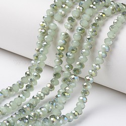 Abalorios de vidrio electroplate hebras, cuentas de jade de imitación, lustre de la perla chapado, medio verde chapado, facetados, rerondana plana, verde amarillo, 6x5mm, agujero: 1 mm, aproximamente 92~94 pcs / cadena, 17~17.5 pulgada (42.5~43.75 cm)