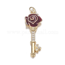 Кулоны из латуни с прозрачным фианитом, с эмалью, долговечный, ключ розы, темно-красный, реальный 18k позолоченный, 27x9x4 мм, отверстие : 3 мм