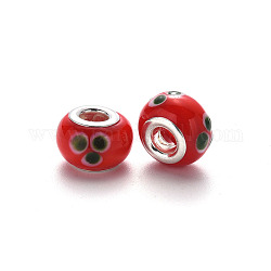 Handmade Lampwork European Beads, Bumpy, Large Hole Rondelle Beads, with Platinum Tone Brass Double Cores, Red, 14x9~10mm, Hole: 5mm
