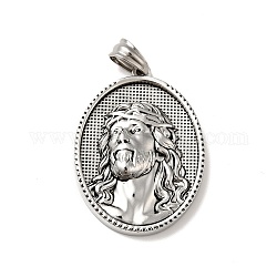 Tibetan Style 304 Stainless Steel Pendants, Religion, Oval with Man Pattern Charms, Antique Silver, 35.5x26x6mm, Hole: 5x7mm