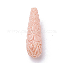 Perles de corail synthétiques, teinte, goutte , rose brumeuse, 33~35x11~12x10.5mm, Trou: 1.5mm