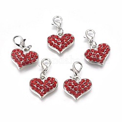 Alloy Rhinestone Pendants, Cadmium Free & Lead Free, Grade A, with Lobster Clasp, Heart, Platinum Metal Color, Light Siam, 30x18x4mm