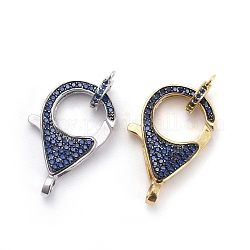 Brass Micro Pave Cubic Zirconia Lobster Claw Clasps, with Bail Beads/Tube Bails, Blue, Platinum & Golden, Clasp: 26.5x17.5x5.5mm, Hole: 2.5mm, Tube Bails: 9.5x7.5x2mm, Hole: 1.2mm
