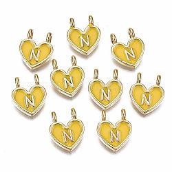 Charms del esmalte de la aleación, sin plomo y cadmio, corazón con letras iniciales, la luz de oro, amarillo, letter.n, 14.5x11.5x4.5mm, agujero: 2 mm