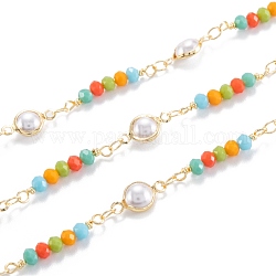 Handgefertigte Perlenketten aus Messing, mit Glasperlen & ccb-Kunststoffimitat-Perle, langlebig plattiert, gelötet, mit Spule, Licht Gold, Link: 4x3x0.4 mm, Perle: 13x6.5x4 mm, Glasperlen: 23x3.5 mm, 32.8 Fuß (10m)/Rolle